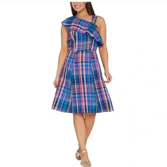 Isaac Mizrahi One Shoulder Madras Plaid Dress Deep Sea Size 0 - Picture 2 of 7